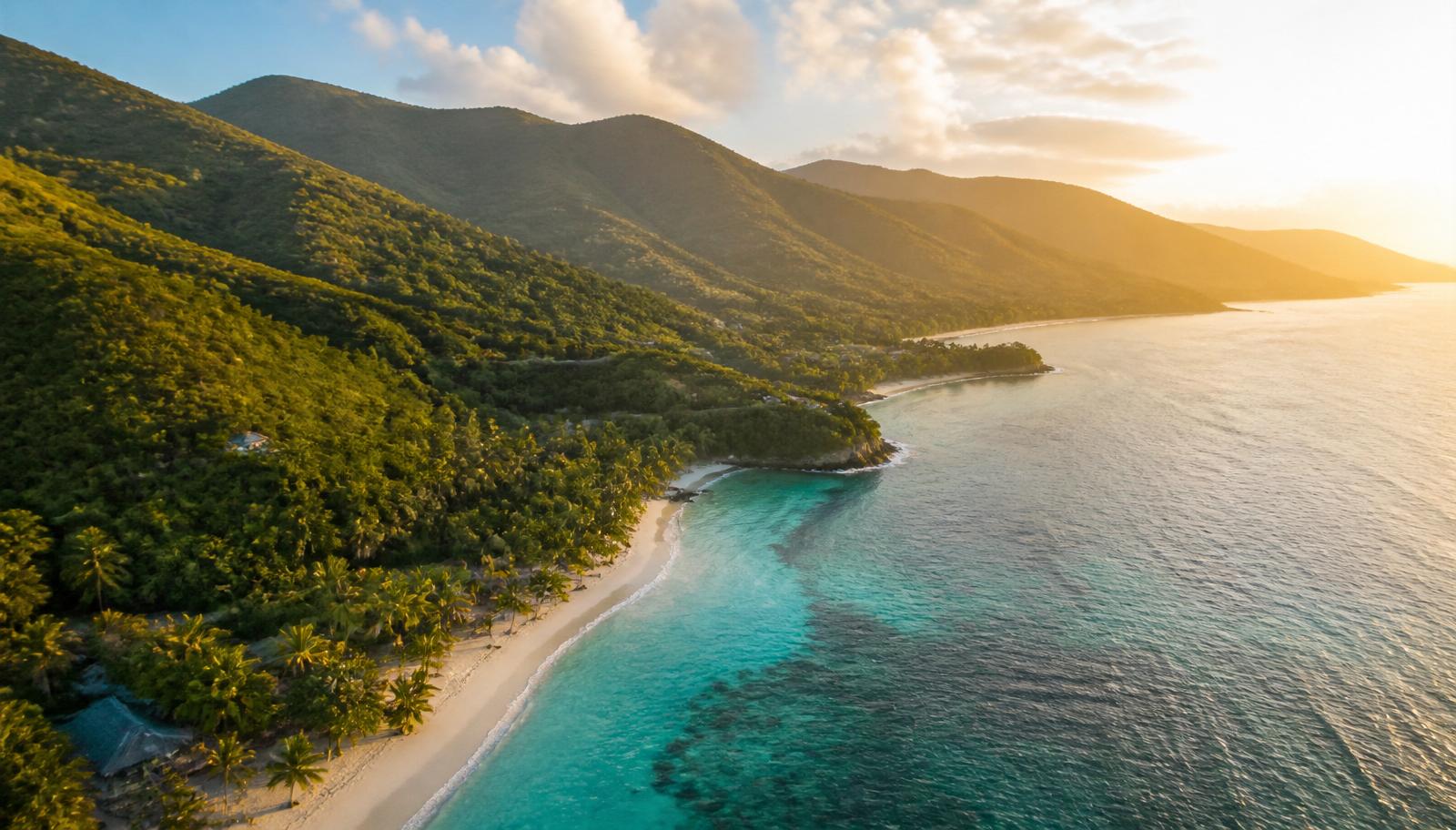 Aerial view of Jamaica's turquoise coastline and green mountains at golden hour