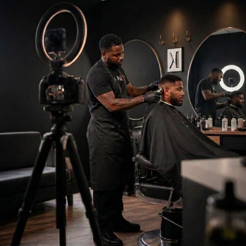 Camera on a tripod filming a barber cutting a client's hair in a Jamaican barbershop
